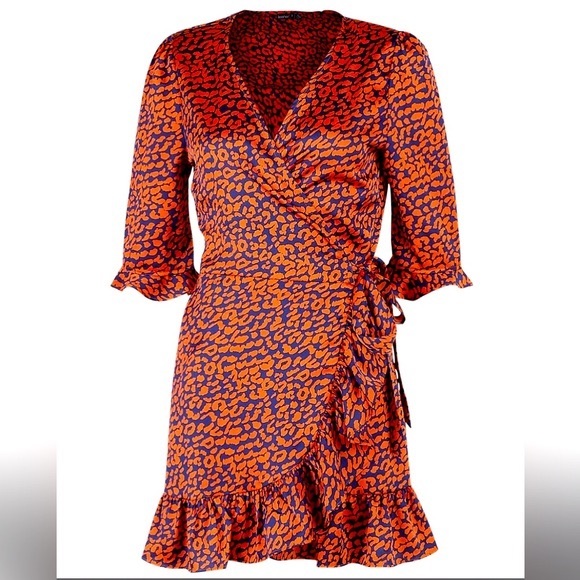 BOOHOO Navy & Orange Ruffled Wrap Dress Half Sleeves Sleek Satiny Short Length - Picture 3 of 15